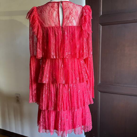 BADGLEY MISCHKA | Pink Red Tiered Pleated Lace Bell Sleeve Dress | Size 2 - Picture 2 of 8